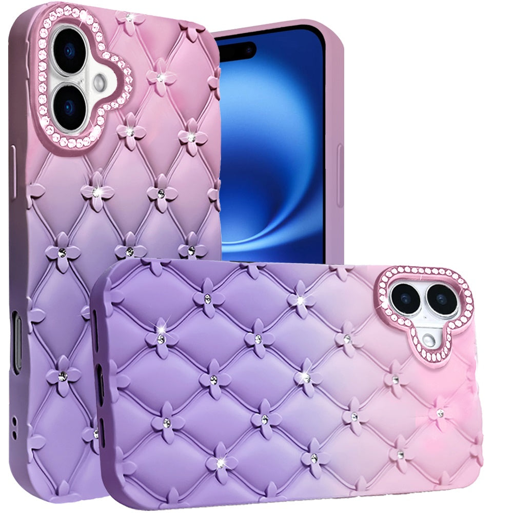 For Apple iPhone 17 (6.3") Fashion Flower Design Sparkle Glitter Shimmer Rhinestone Bling Floral Accents, Leather Texture TPU Case Cover