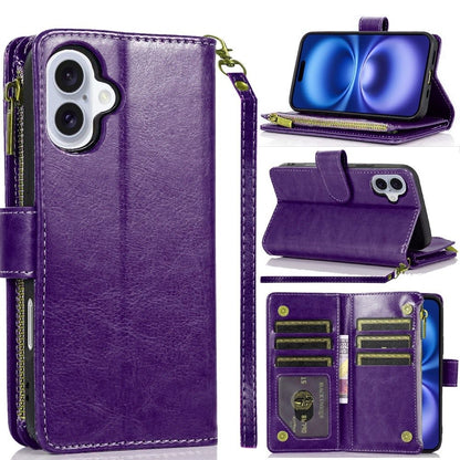 For Apple iPhone 17 (6.3") Leather Wallet Case with Zipper, 9 Card Slots, Cash Pocket, Stand & Strap, Clutch Pouch Design Case Cover