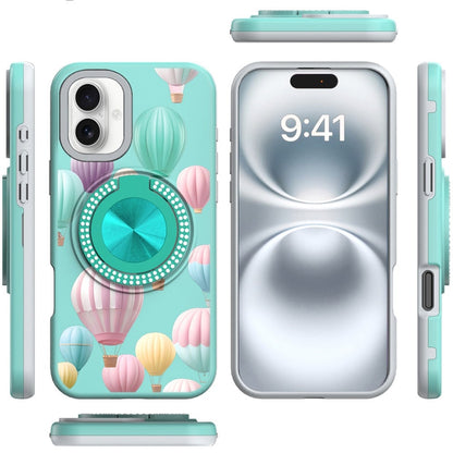 For Apple iPhone 16 Plus Pattern Design Hybrid with Invisible Ring Stand & Magnetic Back, Shockproof Protective Grip Case Cover Hot Air Balloon