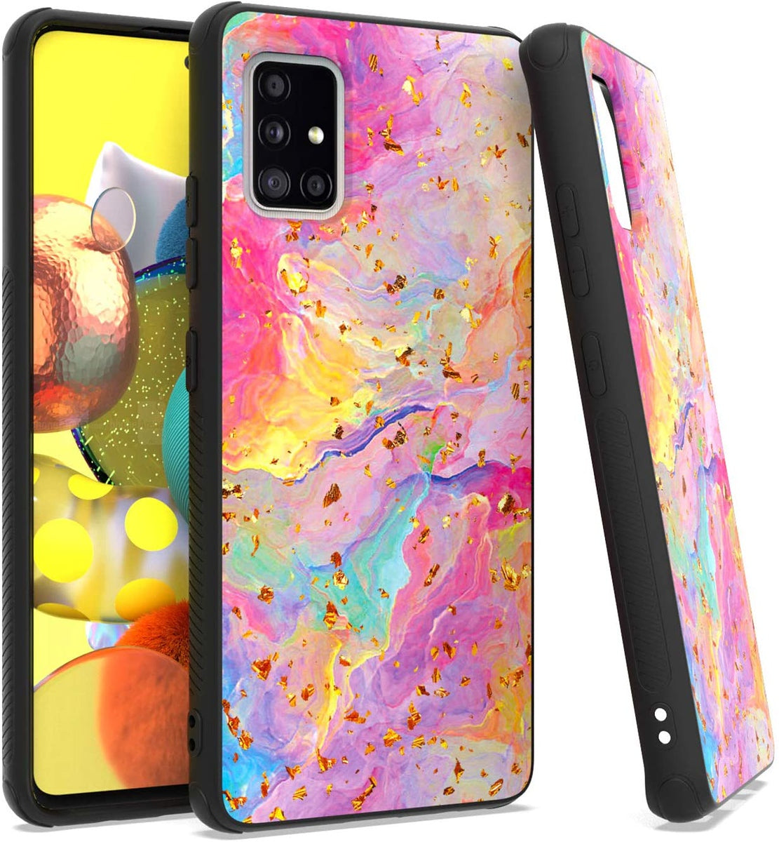 For Apple iPhone 15 Plus (6.7") Marble Fashion Stylish Flake Glitter Bling Hybrid Glossy TPU Rubber Hard PC Protection Marble Colorful Rainbow Phone Case Cover