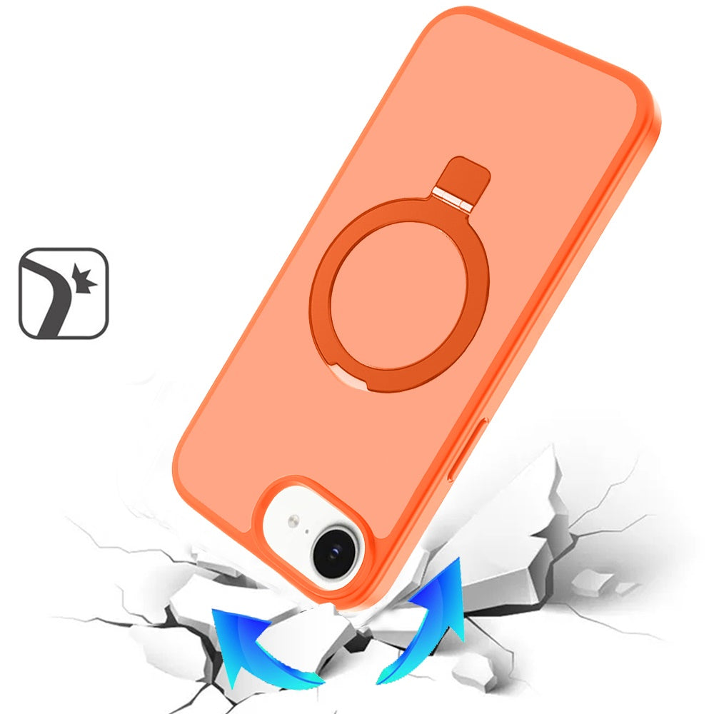 Phone Case for Apple iPhone 17E /16E Magnetic Ring Stand Full Rotation Matte Shockproof Grip Anti Slip Durable Camera Protection Hybrid Cover Cosmic Orange