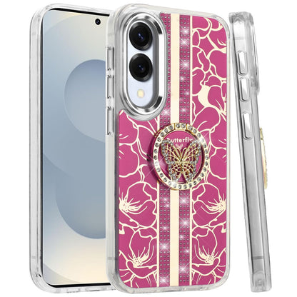 For Samsung Galaxy S25 EDGE Diamonds 3D Butterfly Floral Design Bling Sparkly Glitter Hybrid Metal Fashion with Ring Stand Case Cover