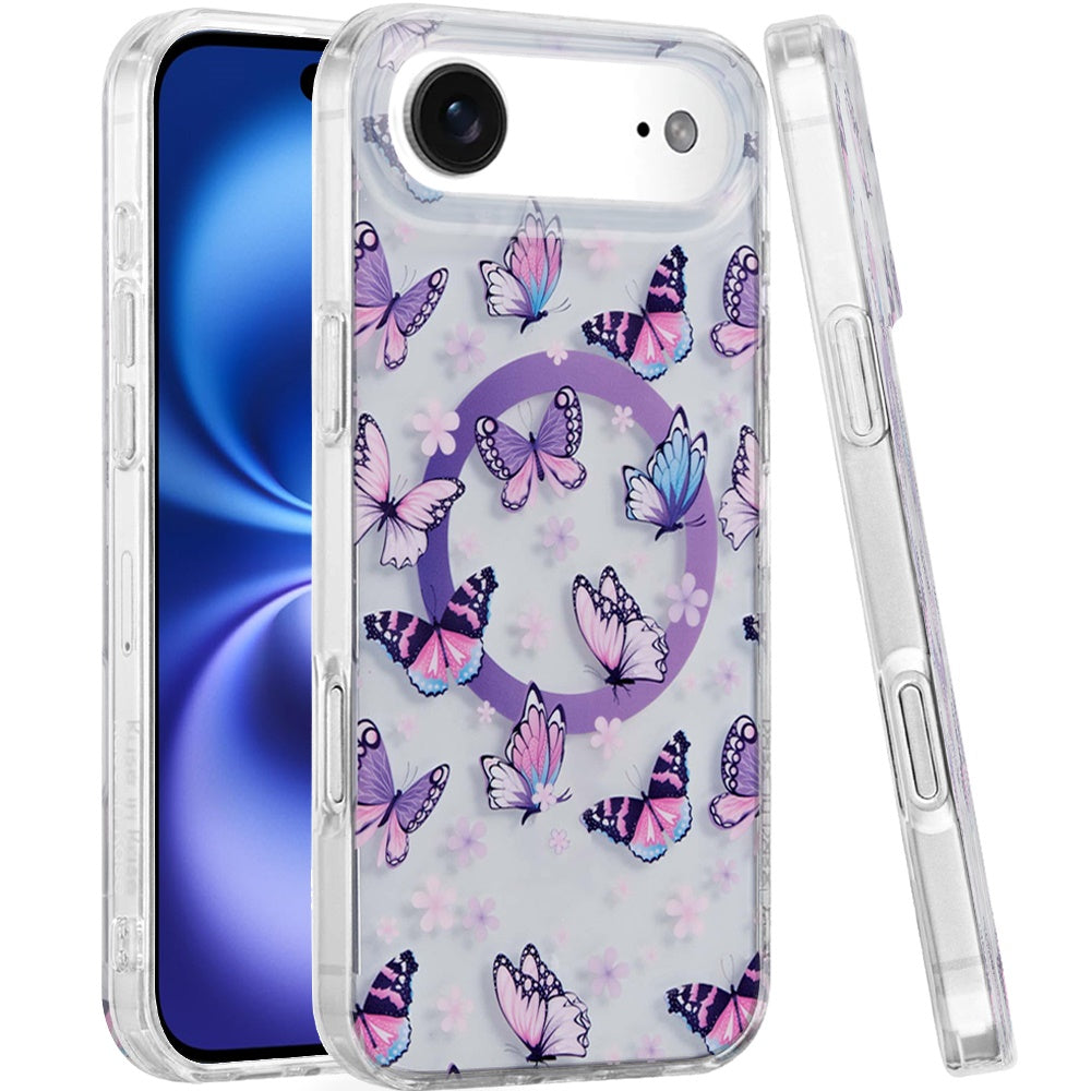 For Apple iPhone 17 Pro Max Stylish Pattern Fashion IMD Printed Design TPU Double Layer Slim Shockproof with Magnetic Back Case Cover Purple Butterflies