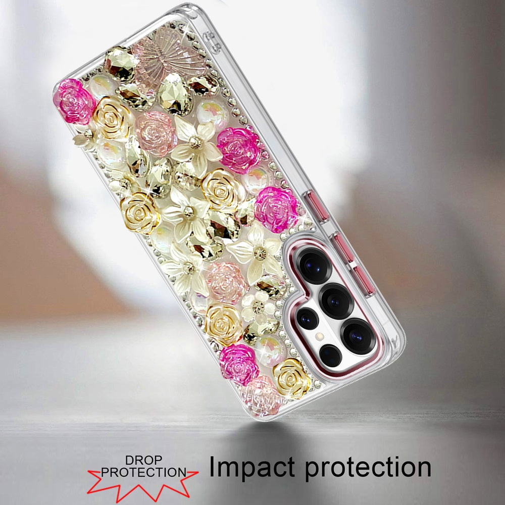 For Samsung Galaxy S25 Ultra 3D Diamond Floral Roses Flower Bling Stone Hybrid, Sparkly Rhinestone Gemstone Back Shockproof Case Cover