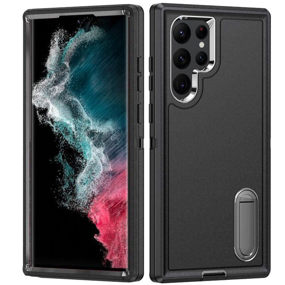 For Samsung Galaxy S23 Hybrid 3 Layers Hard 3in1 Shockproof with Kickstand Heavy Duty Hard TPU Rubber Anti-Drop Case Cover Black +Black