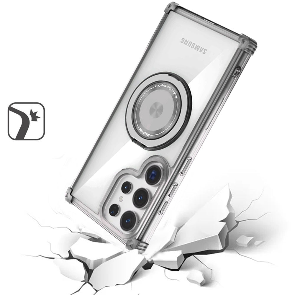 For Samsung Galaxy S22 Ultra Shield Magnetic [Compatible with Magsafe] with 360° Rotatable Ring Holder Invisible Stand Transparent Case Cover Black