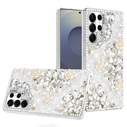 For Samsung Galaxy S26 Ultra Fashion Rose Flower Floral, 3D Bling Crystal Full Diamonds Pearl Sparkle Rhinestone Glitter Hybrid Case Cover