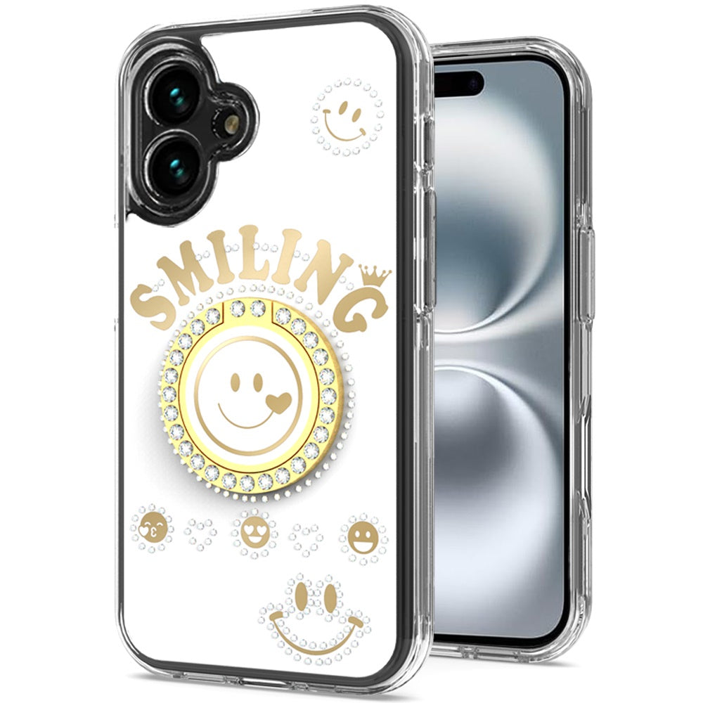 For Apple iPhone 16 (6.1") Smiling Glitter Ornament Bling Sparkle with Ring Stand Hybrid Slim TPU + Hard Back Shell Case Cover