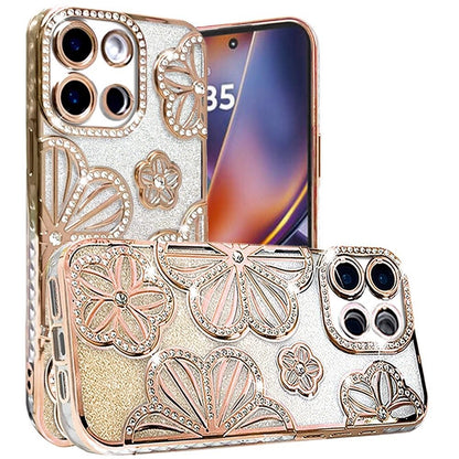 For Motorola Moto G 5G 2025 Luxury Flower Design Sparkle Glitter Diamond Rhinestone Shimmer Bling Plating Thick TPU Hard PC Case Cover