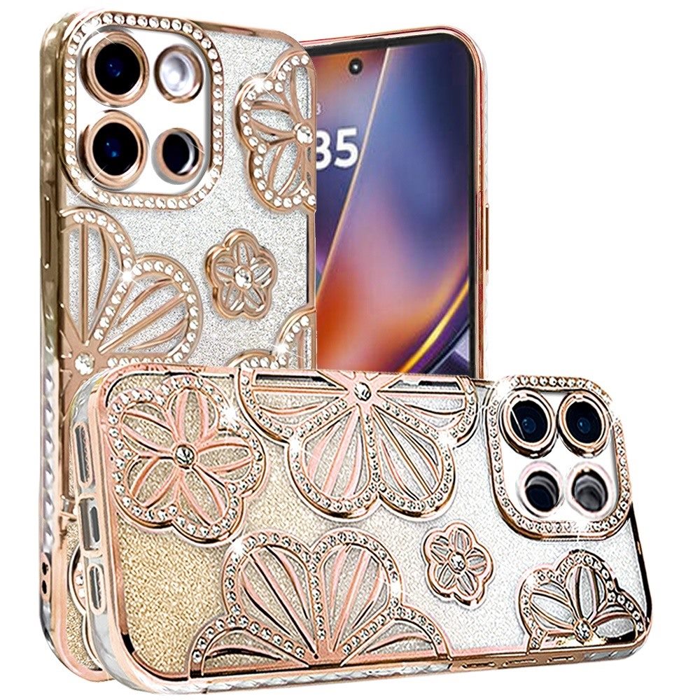 For Motorola Moto G Stylus 5G 2025 Luxury Flower Design Sparkle Glitter Diamond Rhinestone Shimmer Bling Plating Thick TPU Hard PC Case Cover