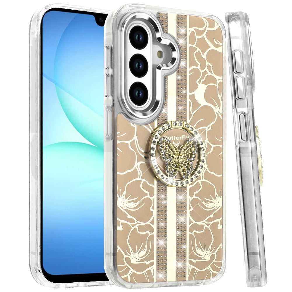 For Samsung Galaxy S25 Fan Edition /Galaxy S25 FE Diamonds 3D Butterfly Floral Design Bling Sparkly Glitter Hybrid Metal Fashion with Ring Stand Case Cover