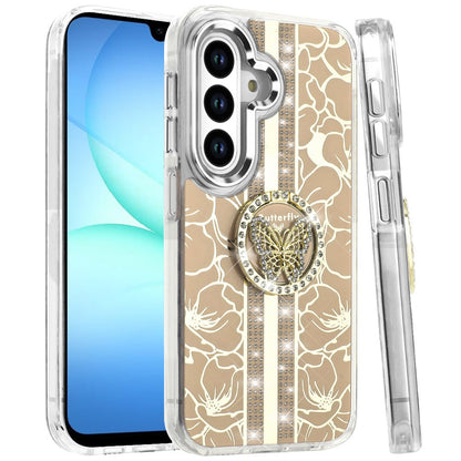 For Samsung Galaxy S25 Fan Edition /Galaxy S25 FE Diamonds 3D Butterfly Floral Design Bling Sparkly Glitter Hybrid Metal Fashion with Ring Stand Case Cover