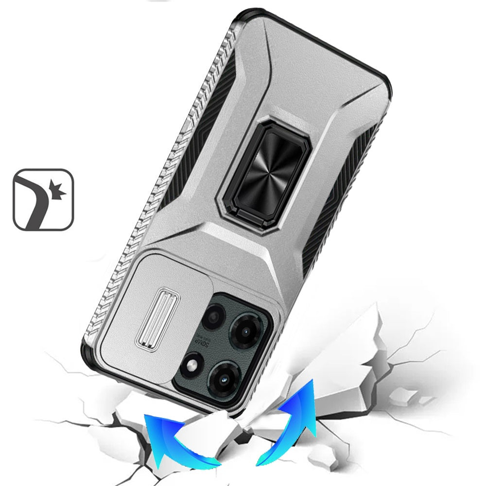 For Motorola Moto G 5G 2025 Case, Camera Cover with Magnetic Rotation Ring Stand, Military Grade Hybrid Hard TPU Shockproof Case Cover Silver