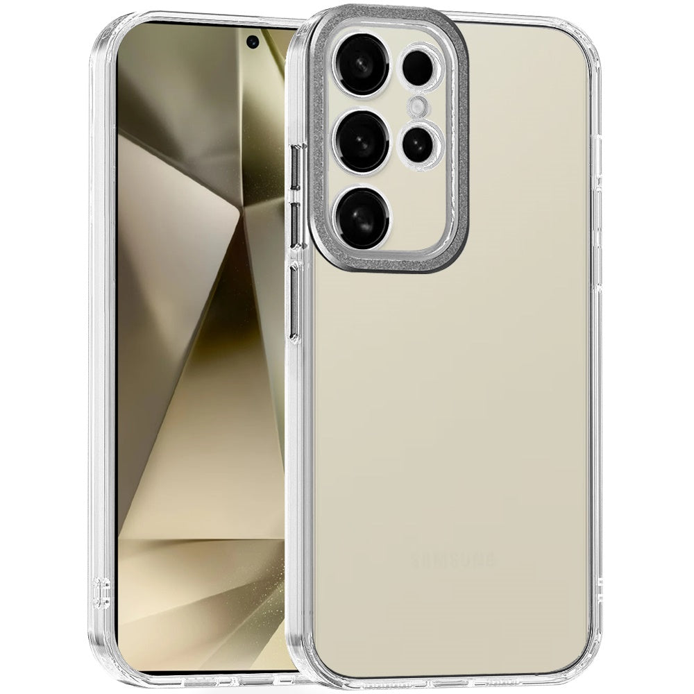 For Samsung Galaxy A26 Transparent Clear Hybrid with Matching Metal Buttons and Camera Protection Hard PC + TPU Rubber Case Cover Clear / Black