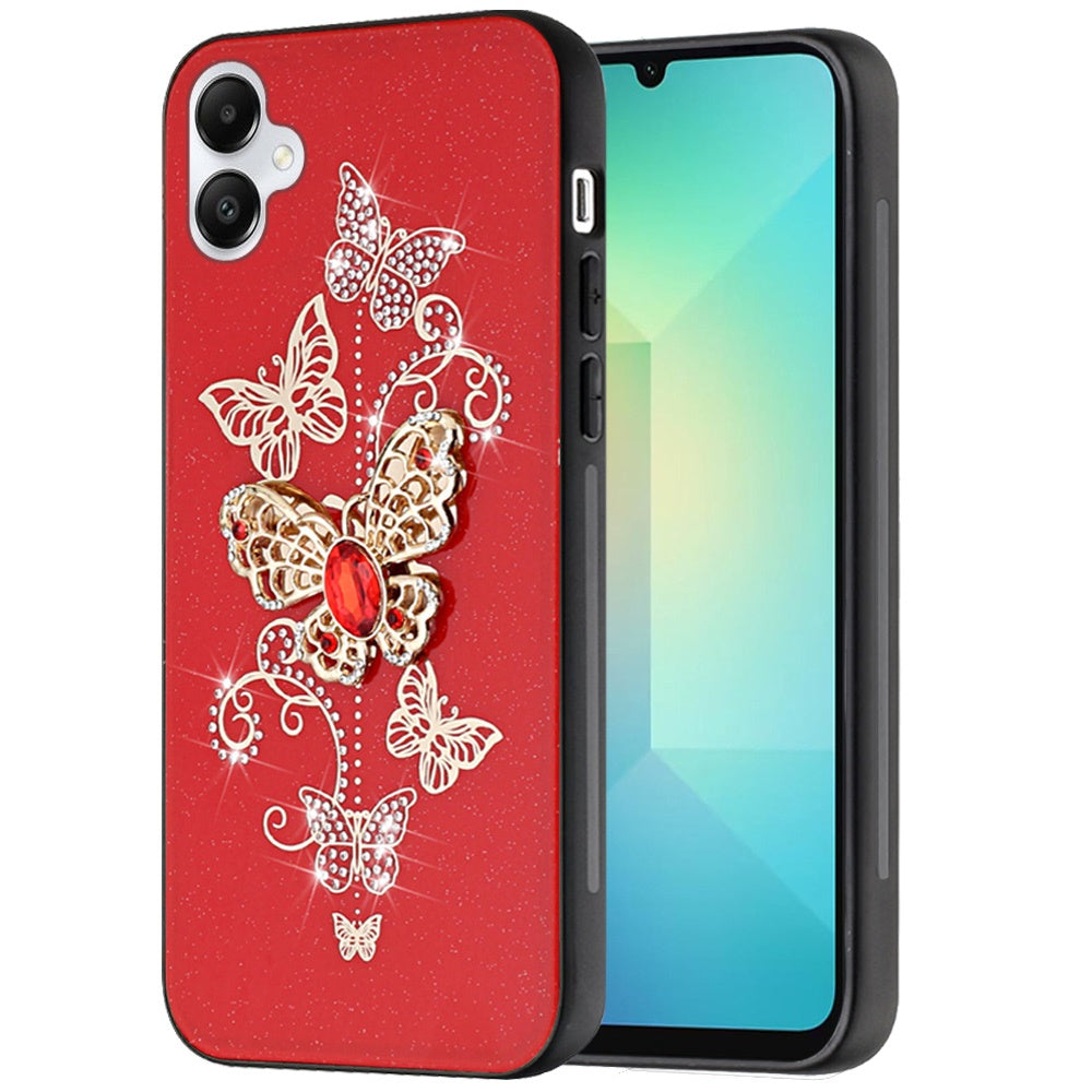 For Samsung Galaxy A06 Diamonds 3D Butterfly Bling Sparkly Glitter Ornaments Engraving Hybrid Metal Fashion Case Cover Red Garden Butterflies