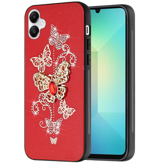 For Samsung Galaxy A06 Diamonds 3D Butterfly Bling Sparkly Glitter Ornaments Engraving Hybrid Metal Fashion Case Cover Red Garden Butterflies