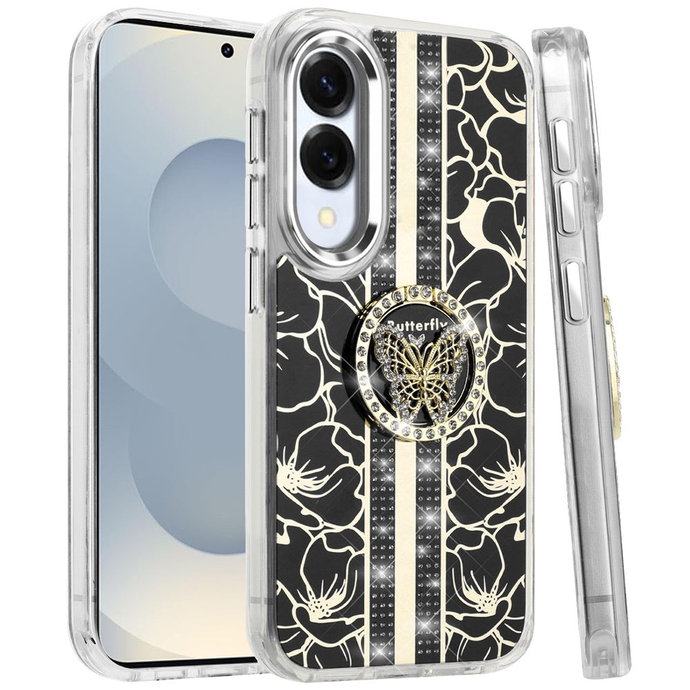 For Samsung Galaxy S25 Edge Diamonds 3D Fashion Bling Sparkly Glitter Ornaments Engraving Hybrid with Ring Stand Case Cover