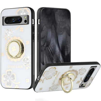 For Samsung Galaxy Z Fold 7 Diamonds 3D Fashion Floral Bling Sparkly Glitter Ornaments Engraving Hybrid with Ring Stand Case Cover White Good Luck Floral