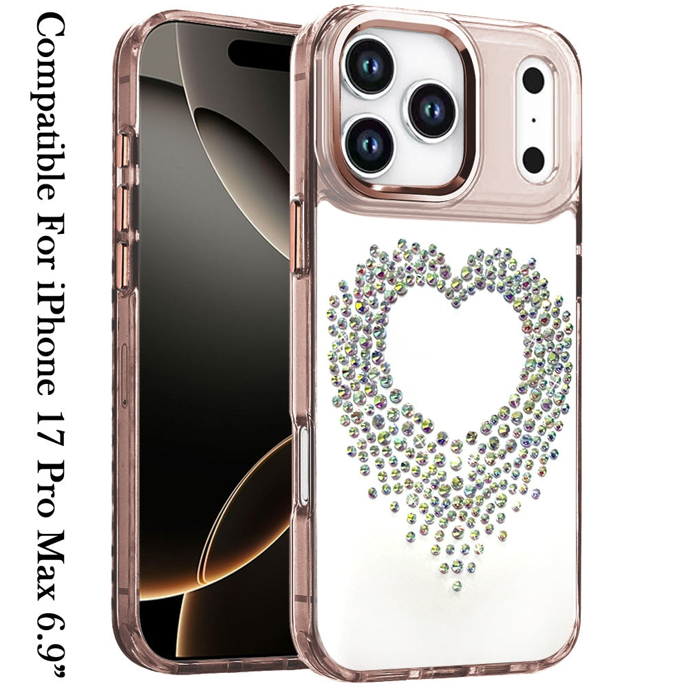 For Apple iPhone 17 Pro Max (6.9") Angel Hearts Bling Glitter Diamond Hybrid TPU Cover, Colorful Frame Shockproof Protective Back Case Cover