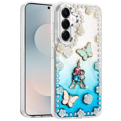 For Samsung Galaxy S26 Bling Fashion Design with 3D Pearls Epoxy Glitter Ornaments Chrome Edge Hard Slim PC Case Cover