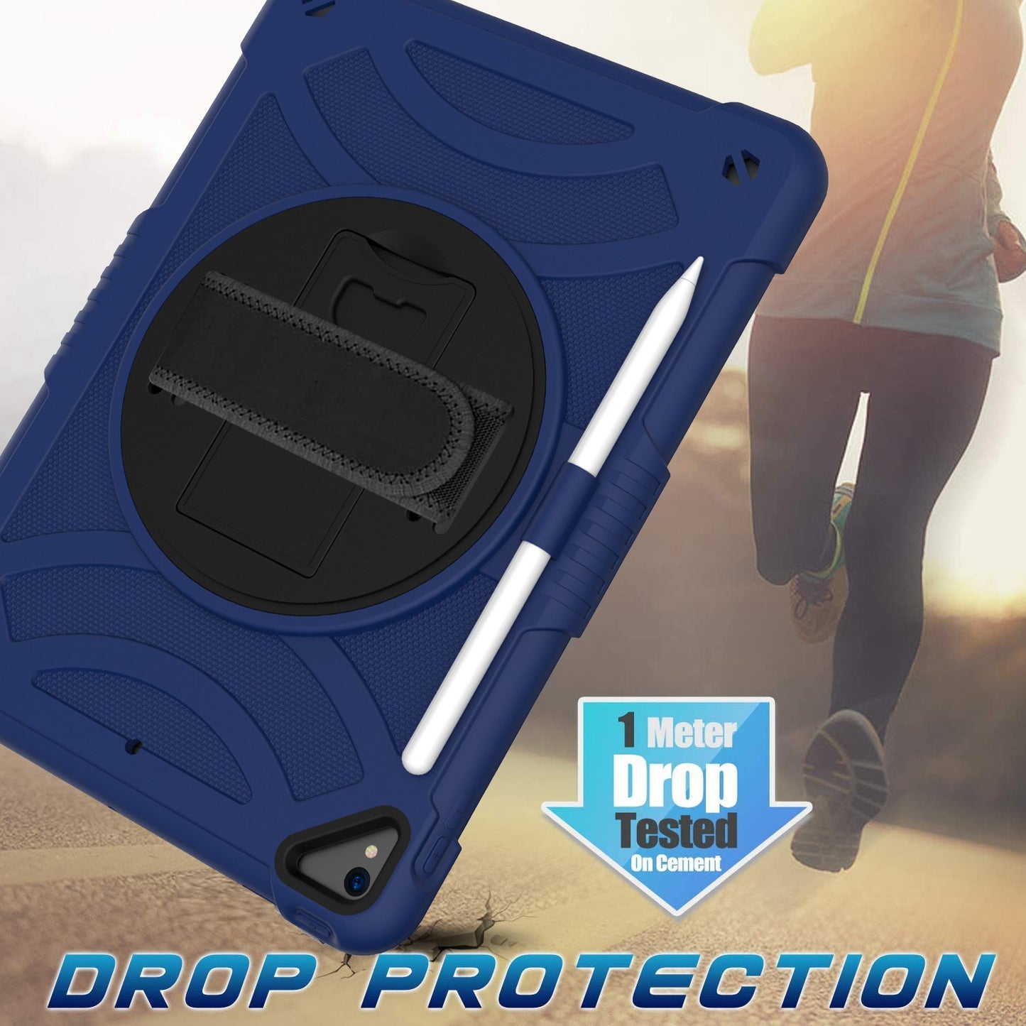 For 3-in-1 Tough Hybrid Shockproof Protector Silicone TPU with Pencil Holder, Kickstand, Hand & Shoulder Strap Blue Tablet Case Cover