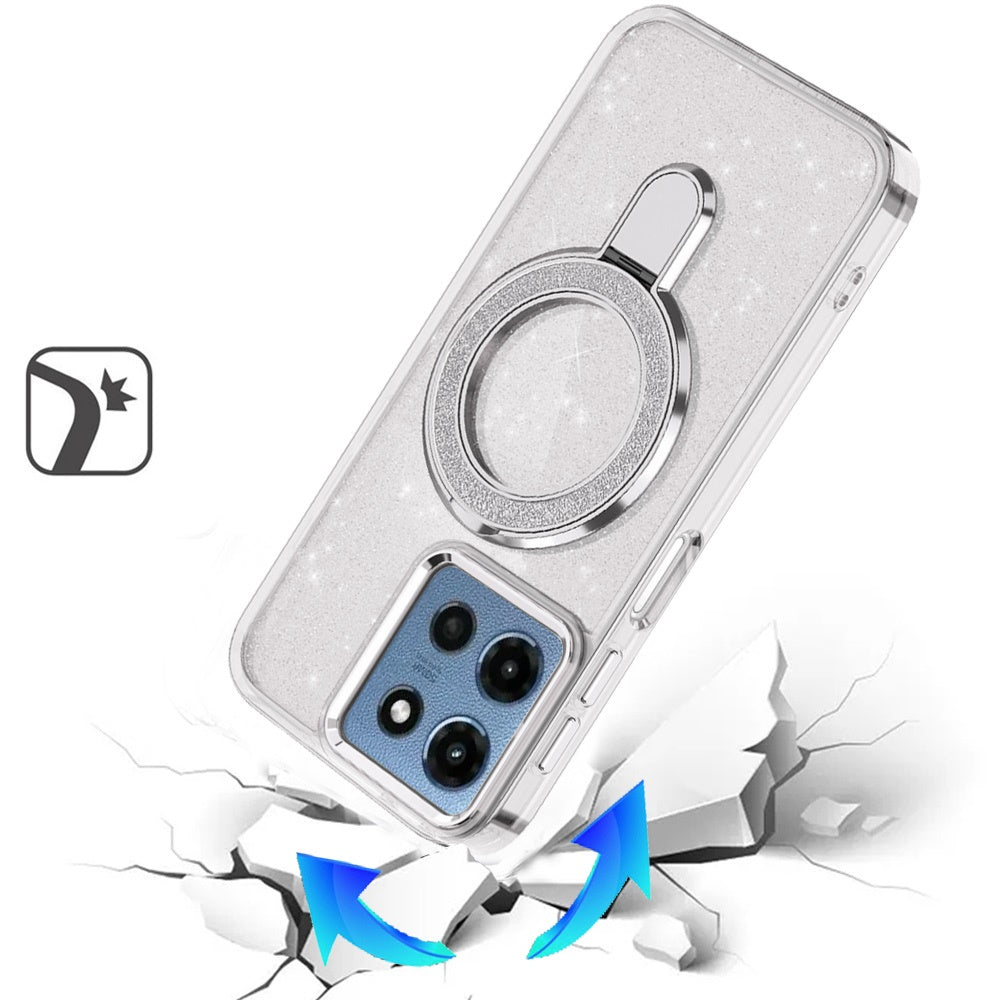 For Motorola Moto G 5G 2025 Transparent Glitter Bling Case with Rotating Magnetic Ring Stand, Shockproof Hybrid Case Cover