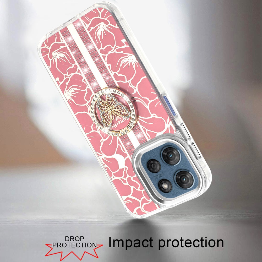 For Motorola Moto G 5G 2025 Diamonds 3D Butterfly Floral Design Bling Sparkly Glitter Hybrid Metal Fashion with Ring Stand Case Cover Light Pink