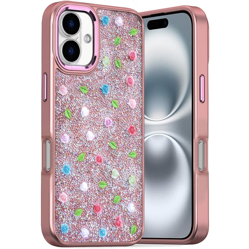 For Apple iPhone 16 Plus (6.7") Floral Design Embedded Glass Diamond Fancy Fashion Glitter Bling Sparkly Hybrid Rugged TPU Bumper Case Cover