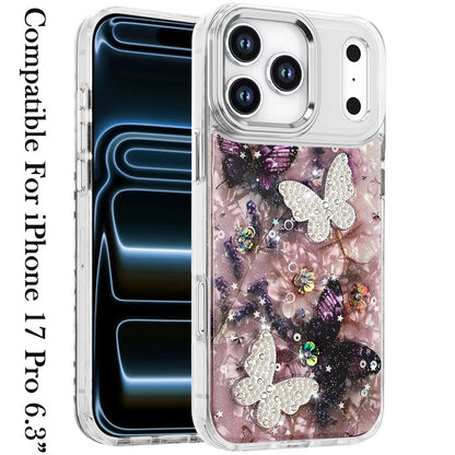 For Apple iPhone 17 Pro (6.3") Epoxy Glitter Flowers Bling 3D Butterfly Fashion TPU Hybrid with Shockproof Protection Case Cover