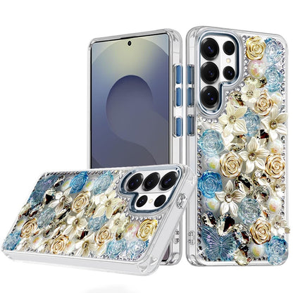 For Samsung Galaxy S25 Ultra 3D Diamond Floral Roses Flower Bling Stone Hybrid, Sparkly Rhinestone Gemstone Back Shockproof Case Cover