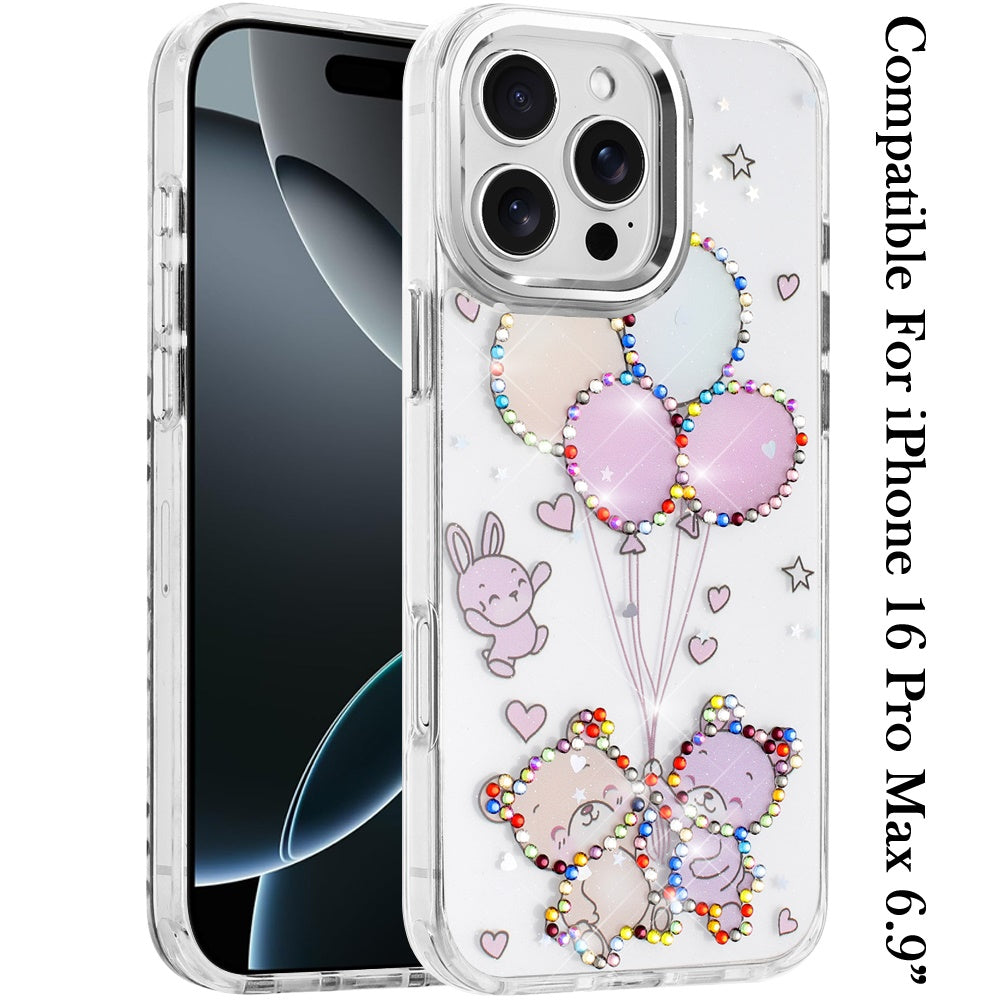 For iPhone 16 Pro Max (6.9") Butterfly Resin Epoxy Diamond Design Metal Edged Hybrid Shockproof Heavy Duty Drop Protection Protector