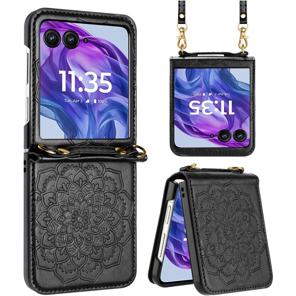 For Samsung Galaxy Z Flip 7 FE Embossed Floral PU Leather Henna Mandala Design Flip Cover with Strap, Hybrid Protective Case Cover Black