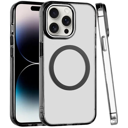 For iPhone 14 Pro Max (6.7") Transparent Back Hybrid Case - Magnetic Circle, Color Frame, Metal Buttons, MagSafe Compatible Case Cover