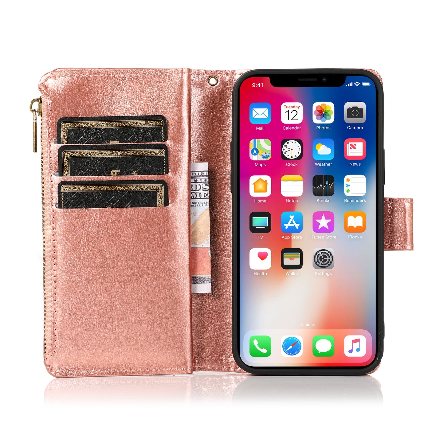 For Apple iPhone 16 (6.1") Premium Leather Zipper Wallet with Credit Card Slots Money Pocket Luxury Clutch Pouch Stand & Strap Case Cover Rose Gold