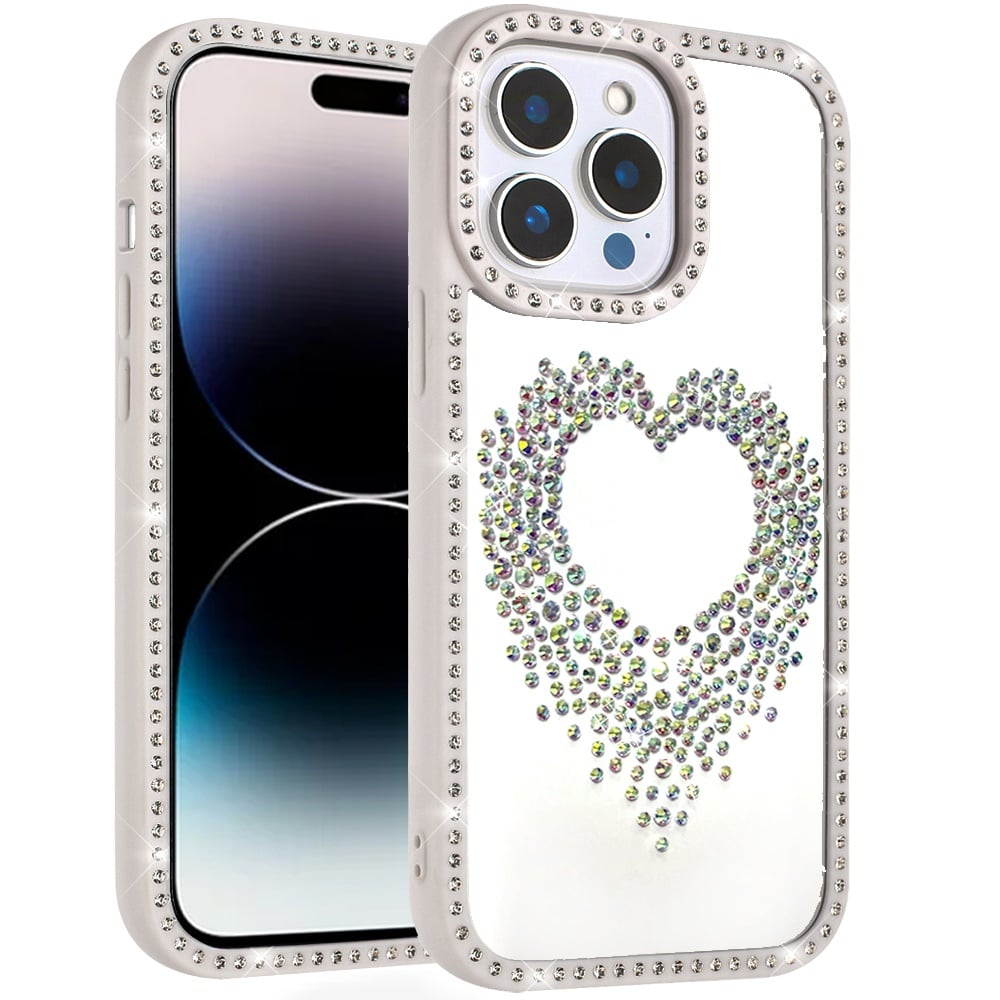 For iPhone 14 Pro Max (6.7") Angel Hearts Glitter Shimmer Diamond Edge Hybrid Drop Protection Shockproof Design Case Cover