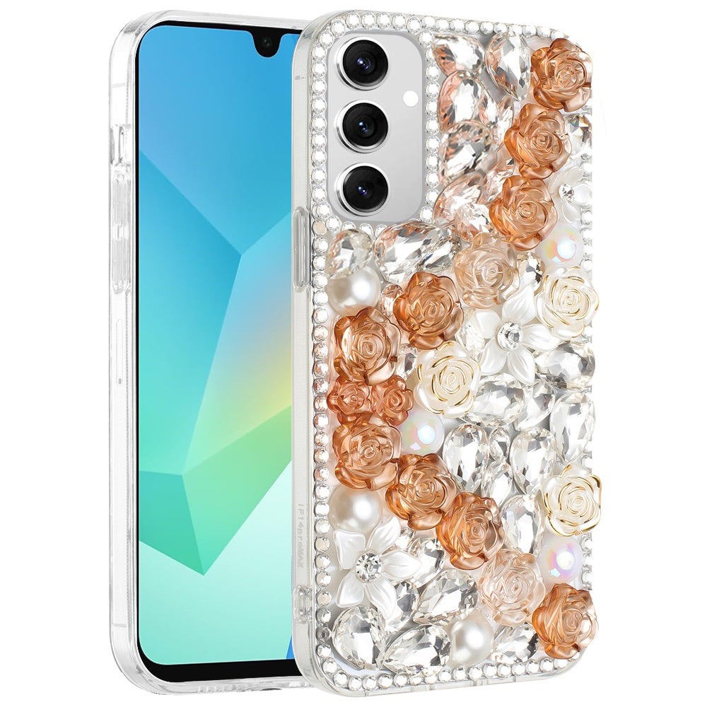 For Samsung Galaxy A16 5G Fashion Rose Flower Floral Bling Crystal 3D Full Diamonds Pearl Sparkle Rhinestone Glitter Hybrid Case Cover