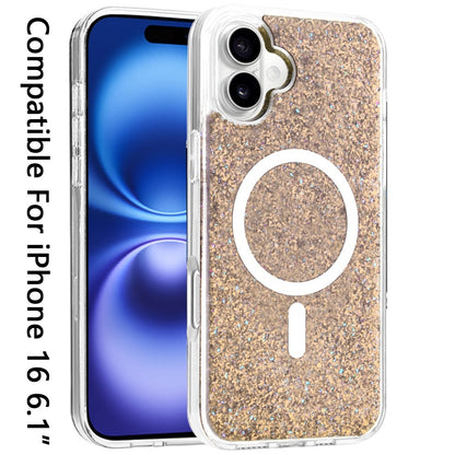 For Apple iPhone 16 (6.1") Magnetic MagSafe Wireless Compatible Epoxy Glitter Shiny Sparkle Bling Hybrid Slim PC + TPU Frame Case Cover
