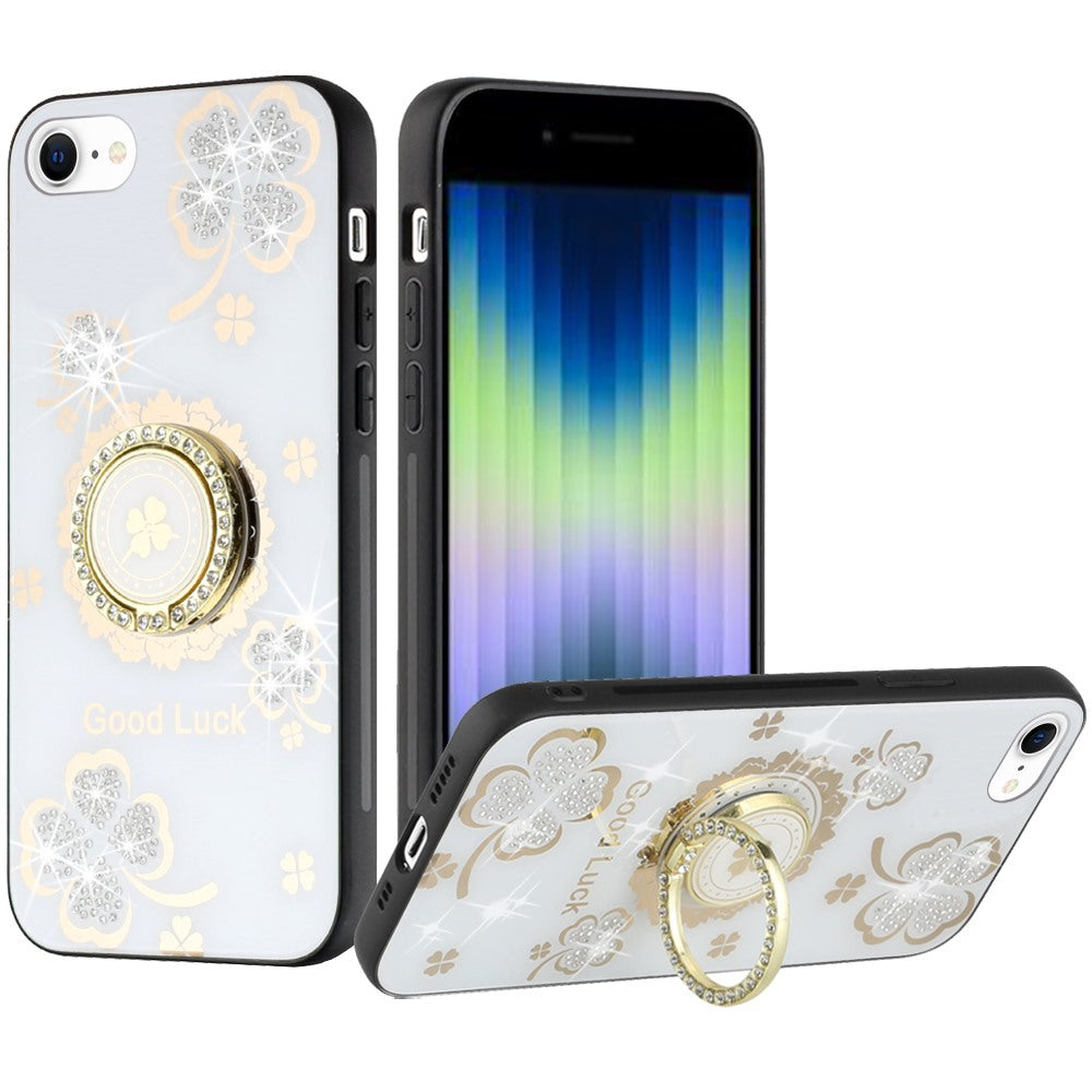 For Samsung Galaxy Z Fold 7 Diamonds 3D Fashion Floral Bling Sparkly Glitter Ornaments Engraving Hybrid with Ring Stand Case Cover White Good Luck Floral