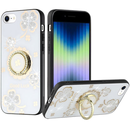 For Samsung Galaxy Z Flip 7 FE Diamonds 3D Fashion Floral Bling Sparkly Glitter Ornaments Engraving Hybrid with Ring Stand Case Cover White Good Luck Floral
