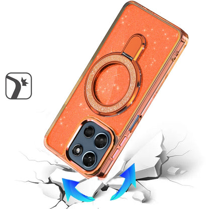For Motorola Moto G Play 5G 2026 Transparent Glitter Bling Case with Rotating Magnetic Ring Stand, Shockproof Hybrid Case Cover Cosmic Orange