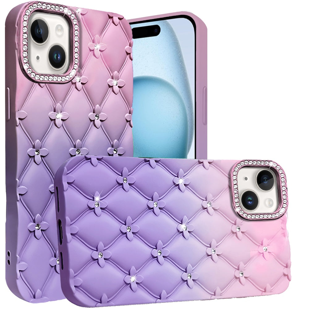 For Apple iPhone 16 Plus (6.7") Fashion Flower Design Sparkle Glitter Shimmer Rhinestone Bling Leather Feel Thick TPU Rubber Hard PC Case Cover