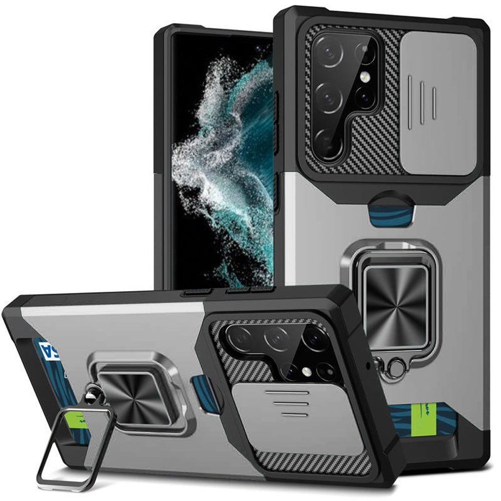 For Motorola Moto G 5G /Moto G 2025 Wallet Case with Ring Stand & Slide Camera Cover Back Credit Card Slot Holder, Military Grade Case Cover Silver