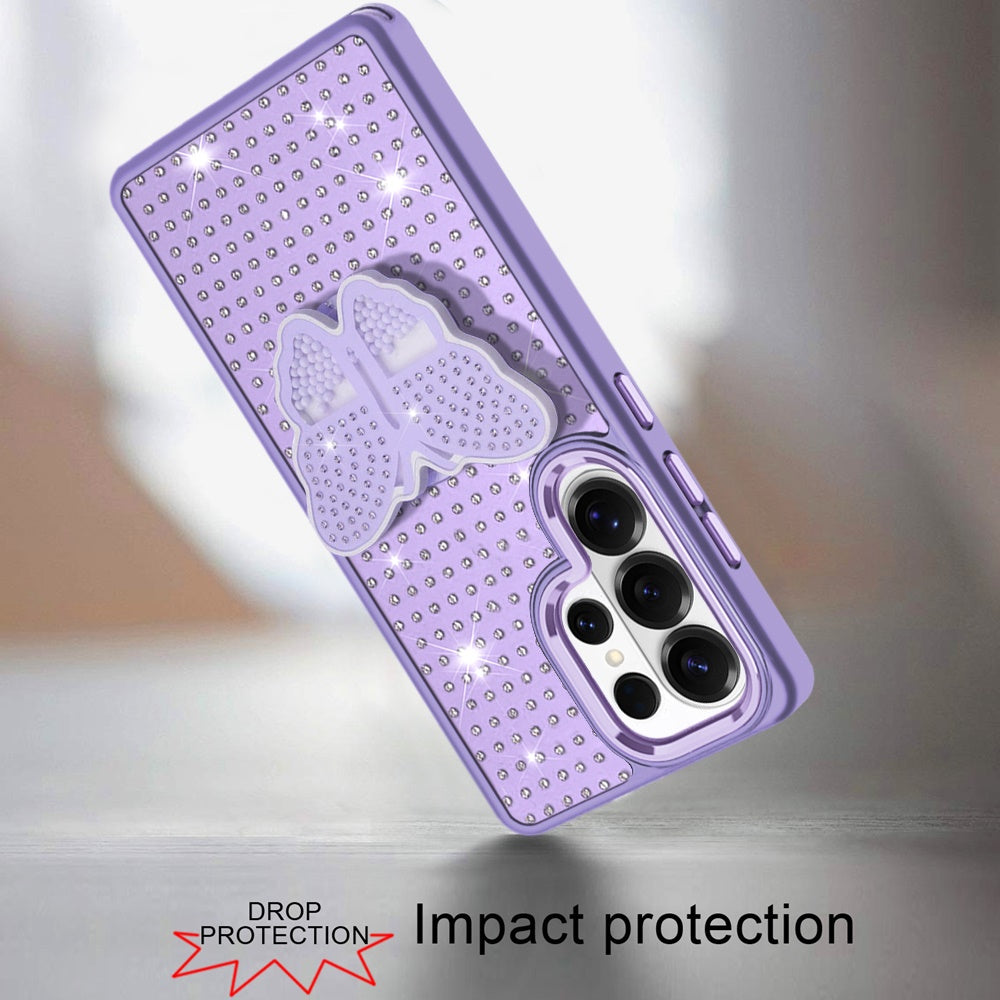 For Samsung Galaxy S26 Ultra Butterfly Moveable Grip 3D Pop Stand Full Diamond Bling Sparkling TPU Fashion Hybrid Case Cover