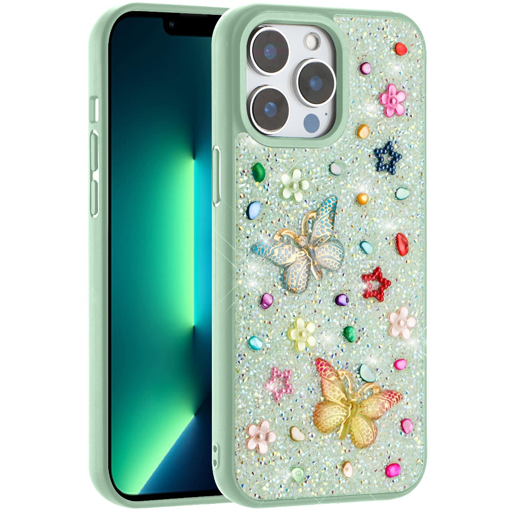 For Apple iPhone 16 Pro (6.3") Diamond Butterfly 3D Glitter Bling Design, Slim Hybrid Sparkle Protective Cover TPU for Women Girls Case Cover