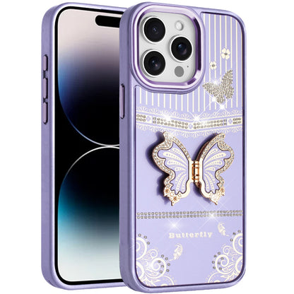 For Apple iPhone 17E /16E Glitter 3D Butterfly Design Bling Metallic Edge Hybrid Stand Drop Protection TPU Shockproof Case Cover Dark Purple