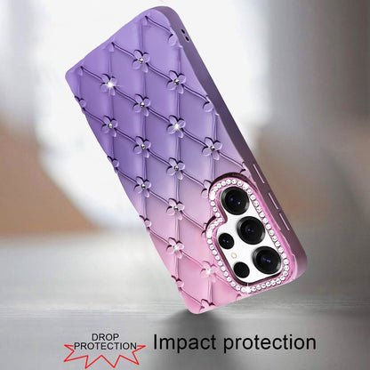 For Samsung Galaxy S23 Ultra Fashion Flower Design Sparkle Glitter Shimmer Rhinestone Bling Floral Accents, Leather Texture TPU Case Cover