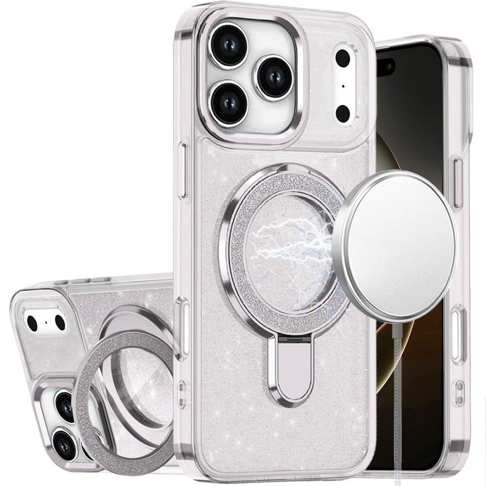 For Apple iPhone 17 Pro (6.3") Transparent Glitter Bling Case with Rotating Magnetic Ring Stand, Shockproof Hybrid Case Cover
