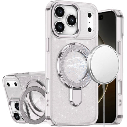 For Apple iPhone 17 Pro (6.3") Transparent Glitter Bling Case with Rotating Magnetic Ring Stand, Shockproof Hybrid Case Cover