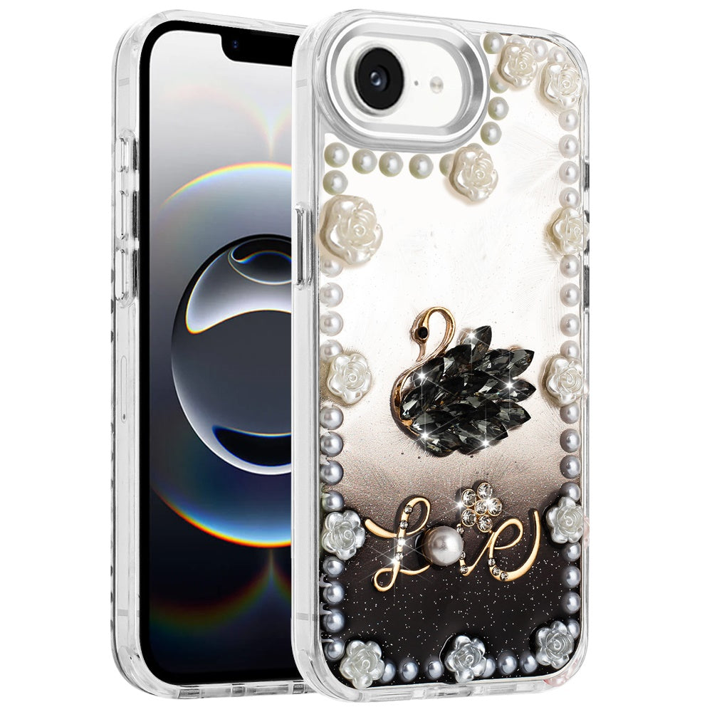 For Apple iPhone 17E /16E Bling Fashion Design with 3D Pearls Epoxy Glitter Ornaments Chrome Edge Hard Slim PC Case Cover