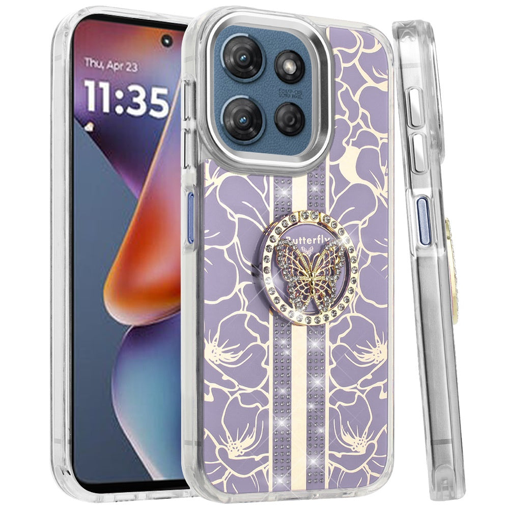 For Motorola Moto G 5G 2025 Diamonds 3D Butterfly Floral Design Bling Sparkly Glitter Hybrid Metal Fashion with Ring Stand Case Cover Purple